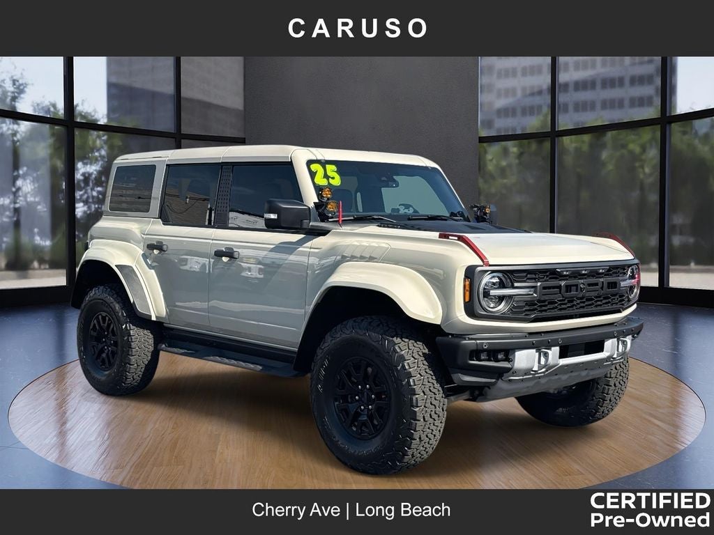 2025 Ford Bronco Raptor in Desert Sand — front three-quarter view